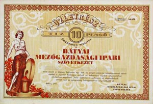 Bátyai Mezőgazdasági Ipari Szövetkezet üzletrész 10 pengő 194x