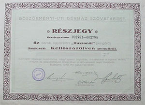 Bszrmny ti Brhz Szvetkezet rszjegy 10x25 250 peng 1930