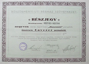 Böszörmény Úti Bérház Szövetkezet részjegy 40x25 1000 pengő 1930