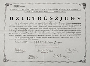 Budapest II. ker. Tölgyfa u. 8. sz. Ház Résztulajdonosainak Szövetkezete üzletrészjegy 1934