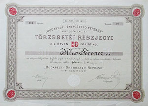Budapesti Önsegélyező Népbank mint Szövetkezet törzsbetét részjegy 50 forint 1890