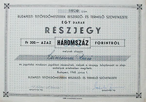 Budapesti Tetőfedőmesterek Beszerző- és Termelő Szövetkezete részjegy 300 forint 1948