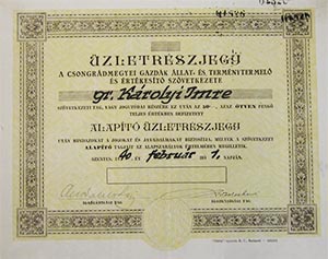 Csongrádmegyei Gazdák Állat- és Terménytermelő és Értékesítő Szövetkezete alapító üzletrészjegy 50 pengő 1940 Szentes