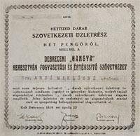 Debreceni Hangya Keresztyény Fogyasztási és Értékesítő Szövetkezet üzletrész 7 pengő 1926