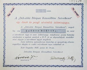 Délvidéki Bőripari Közszállítási Szövetkezet üzletrészjegy 10 pengő 1937 Szeged