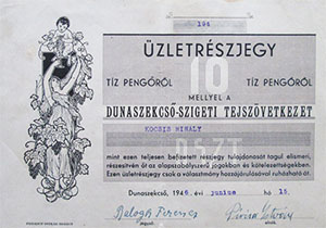 Dunaszekcső-szigeti Tejszövetkezet üzletrészjegy 10 pengő 1946