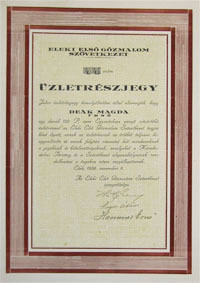 Eleki Első Gőzmalom Szövetkezet üzletrészjegy 120 pengő 1938 Elek