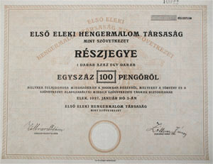 Első Eleki Hengermalom Társaság Mint Szövetkezet részjegy 100 pengő 1927 Elek