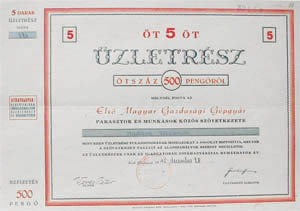 Első Magyar Gazgasági Gépgyár Parasztok és Munkások Közös Szövetkezete üzletrész 5x500 pengő 1945