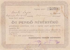 Felsdunntli Termelk Szvetkezete zletrsz 5 peng 1941 Gyr