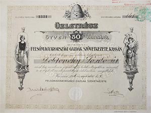 Felsőmagyarországi Gazdák Szövetkezete Kassán üzletrész 50 korona 1926 Kassa