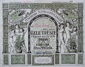 Festőipari Munkaszövetkezet üzletrész 2000 korona 1922