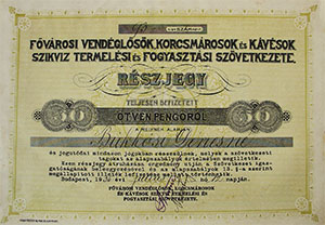 Fővárosi Vendéglősök, Korcsmárosok és Kávésok Szikvíz Termelési és Fogyasztási Szövetkezete részjegy 50 pengő 1935