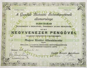 Gazdák Biztosító Szövetkezete elismervény 10000x4 40000 pengő 1933