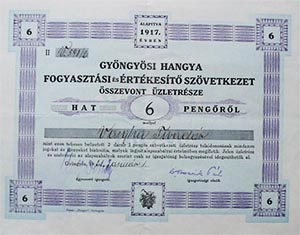 Gyöngyösi Hangya Fogyasztási és Értékesítő Szövetkezet összevont üzletrész 6 pengő 1928