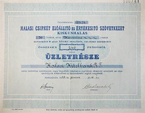 Halasi Csipkét Előállító és Értékesítő Szövetkezet üzletrész 240 pengő 1927 Kiskunhalas