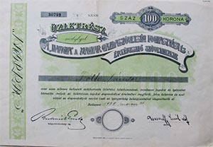 Hangya a Magyar Gazdaszvetsg Fogyasztsi s rtkestsi Szvetkezete alaptvnyi 100 korona 1922