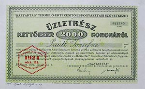 Háztartás Termelő, Értékesítő és Fogyasztási Szövetkezet üzletrész 2000 korona 1924