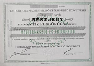 Horticultura Magtermelő és Értékesítő Szövetkezet részjegy 10 pengő 1927