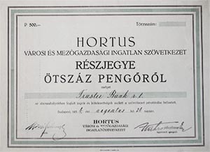 Hortus Városi és Mezőgazdasági Ingatlan Szövetkezet részjegy 500 pengő 1934