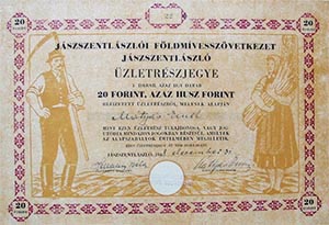 Jászszentlászlói Földmívesszövetkezet üzletrészjegy 20 forint 1948
