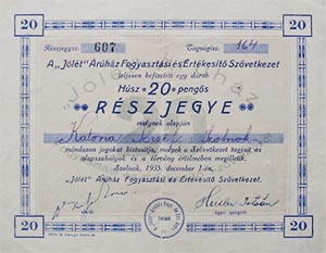 Jólét Áruház Fogyasztási és Értékesítő Szövetkezet részjegy 20 pengő 1935 Szolnok