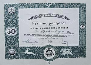 Jövő Nyomdaszövetkezet üzletrész 30 pengő 1940