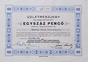 Kalocsa és Kalocsavidéki Paprikatermelők, Kikészítők Termelő és Értékesítő Szövetkezete üzletrészjegy 100 pengő 1945