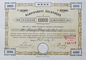 Kéve Ruházati Áruház Szövetkezet alapítványi üzletrész 100000 korona 1925