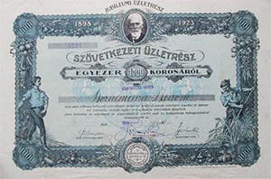 Kiskunhalasi Hangya Fogyasztási és Értékesítő Szövetkezet üzletrész 1000 korona 1923