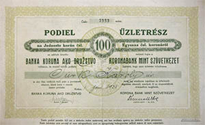 Koronabank mint Szövetkezet üzletrész 100 csehszlovák korona 1933 Kassa