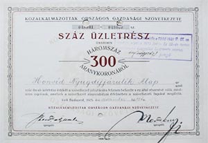 Közalkalmazottak Országos Gazdasági Szövetkezete üzletrész 100x3 (300) aranykorona 1925