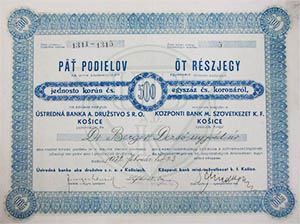 Központi Bank mint Szövetkezet K. F. Kassa részjegy 500 csehszlovák korona 1932