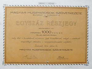 Magyar Husiparosok Szövetkezete részjegy 1000 pengő 1932