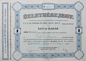 Magyar Királyi Posta Személyzetének Jóléti, Házi-Ipari, Fogyaztzási Takarék- és Hitelszövetkezete üzletrészjegy 5000 korona 1924