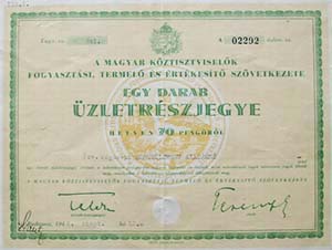 Magyar Köztisztviselők Fogyasztási, Termelő és Értékesítő Szövetkezete üzletrészjegy 70 pengő 1944