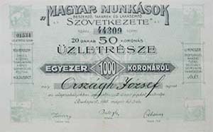 Magyar Munkások Beszerző, Takarék- és Lakásépítő Szövetkezete üzletrész 1000 korona 1918