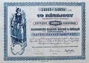 Magyarországi Kisgazdák Beszerző és Értékesítő részjegy 10x100 1000 korona 1918