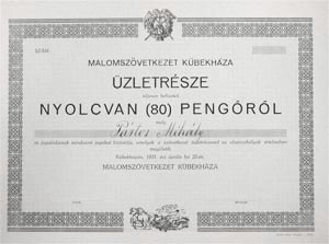 Malomszövetkezet Kübekháza üzletrész 80 pengő 1931