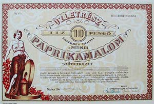 Miskei Paprikamalom Szövetkezet üzletrész 10 pengő 1943 Miske