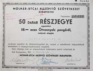 Molnár utcai Házépítő Szövetkezet részjegy 50x58 pengő 1933