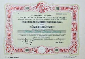 Monori Hangya Fogyasztási és Értékesítő Szövetkezet üzletrész 2000 korona 1923 MINTA