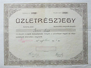 Nagymaros-vidéki Gyümölcsértékesítő és Központi Szeszfőző Szövetkezet üzletrészjegy 1920