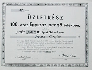 "Nivó" "Delta" Házépítő Szövetkezet üzletrész 100 pengő 1936