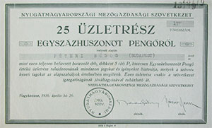 Nyugatmagyarországi Mezőgazdasági Szövetkezet 25 üzletrész 125 pengő 1936 Nagykanizsa