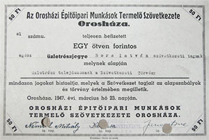 Orosházi Építőiparimunkások Termelő Szövetkezete üzletrészjegy 50 forint 1947 Orosháza