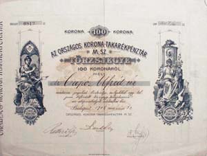 Országos Korona Takarékpénztár mint Szövetkezet törzsjegy 100 korona 1906