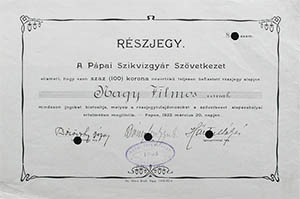 Pápai Szikvízgyár Szövetkezet részjegy 100 korona 1922