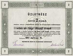 Pestmegyei Jóléti és Gazdasági Szövetkezet üzletrész 2 pengő 1941