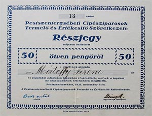 Pestszenterzsébeti Cipésziparosok Termelő és Értékesítő Szövetkezete részjegy 50 pengő 1933